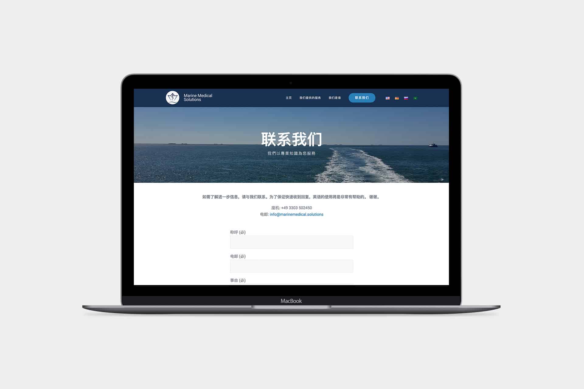 Marine Medical Solutions Mockup chinesische Webseite